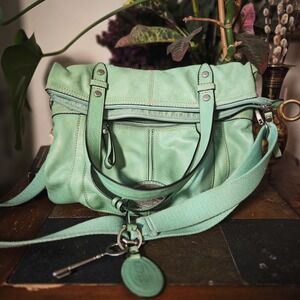 Fossil Leather Crossbody Bag Mint Green Foldover Satchel Large Purse Handbag